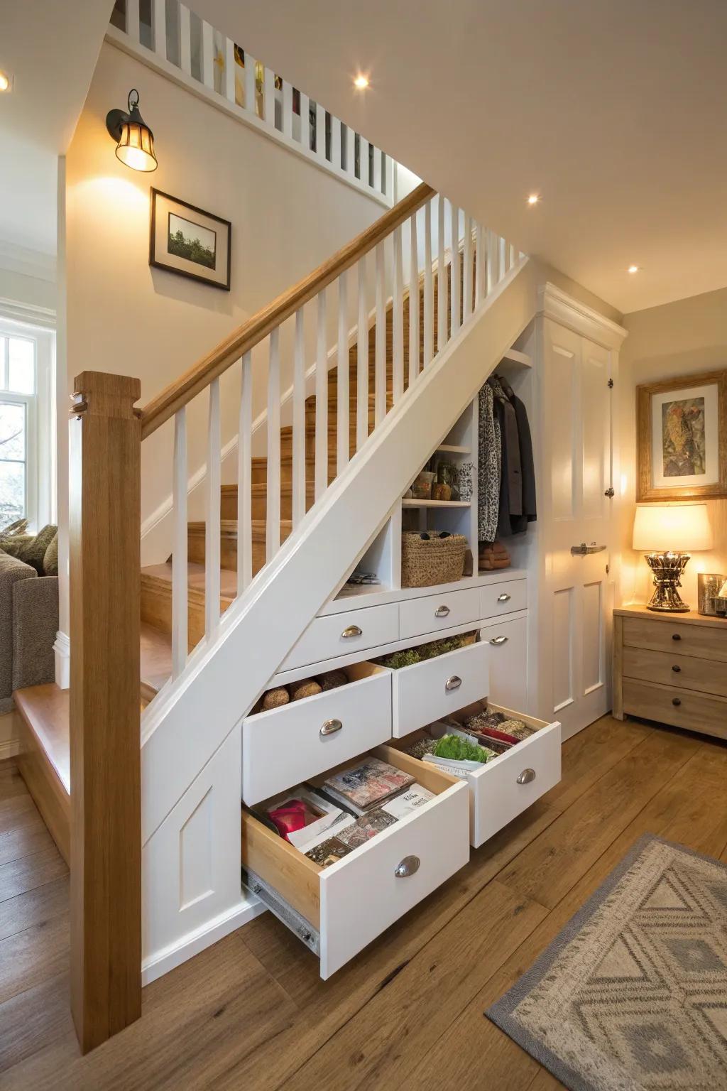Each and every inch of space is utilized in under-staircase storage.