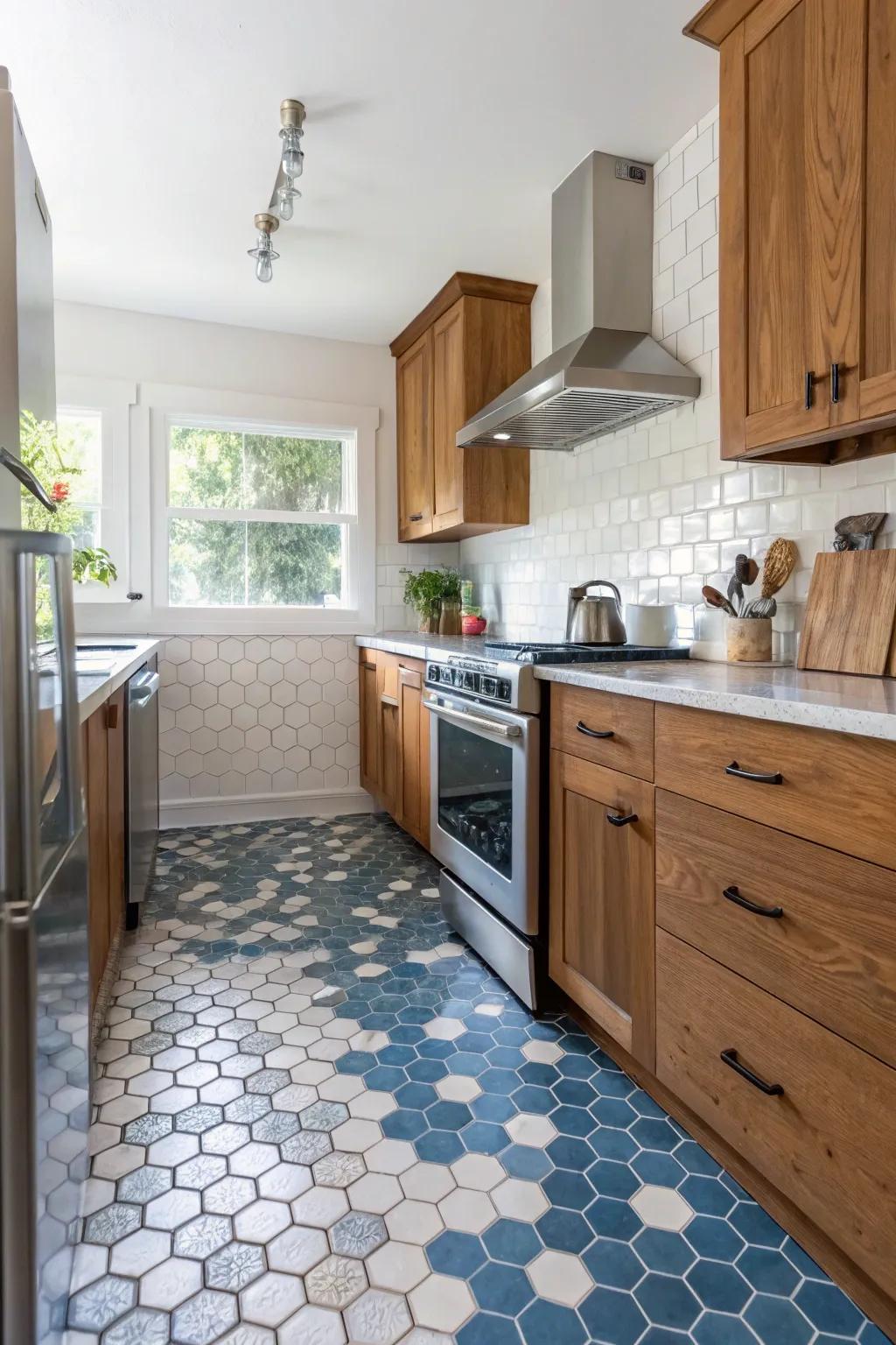 Hexagon mosaics impart a distinctive artistic flair.