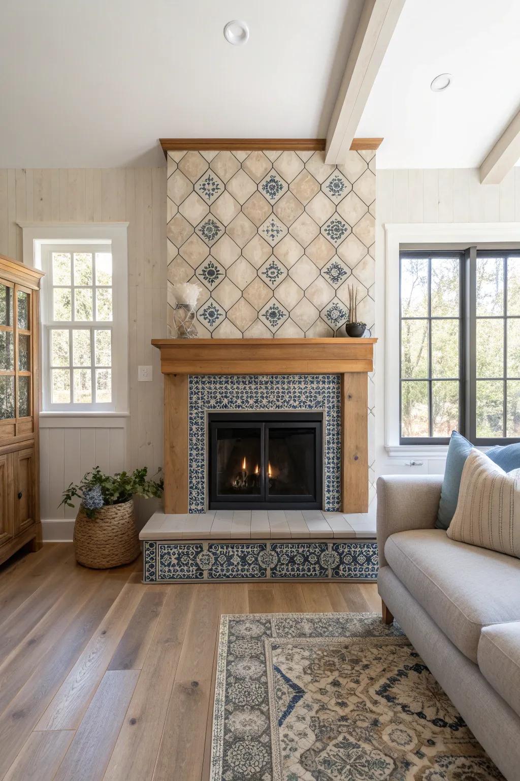 Full-length tiles around the fireplace add drama and style to your room. 🏡 #TileDesign #BoldInteriors