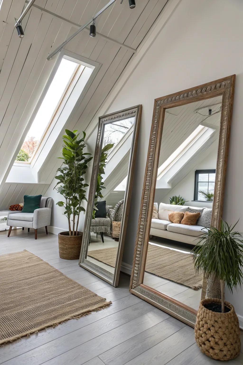 Looking glasses enhance the sense of space and light in a loft.