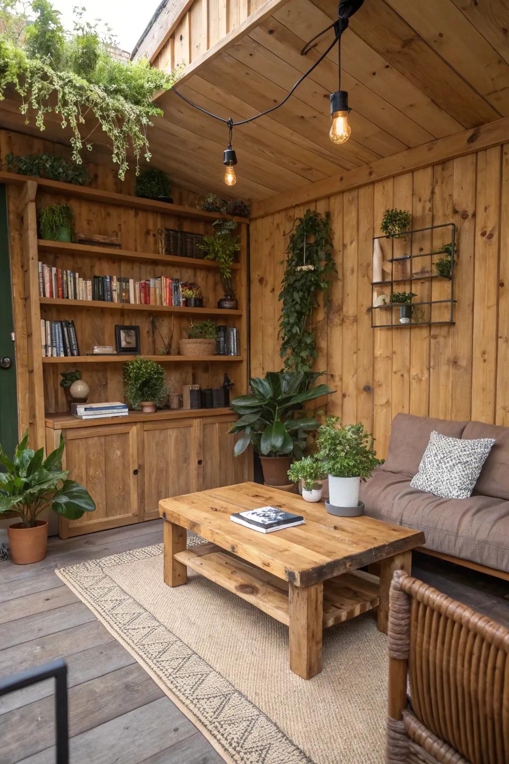 Natural components such as flora and wood enrich the area through warmth and freshness.