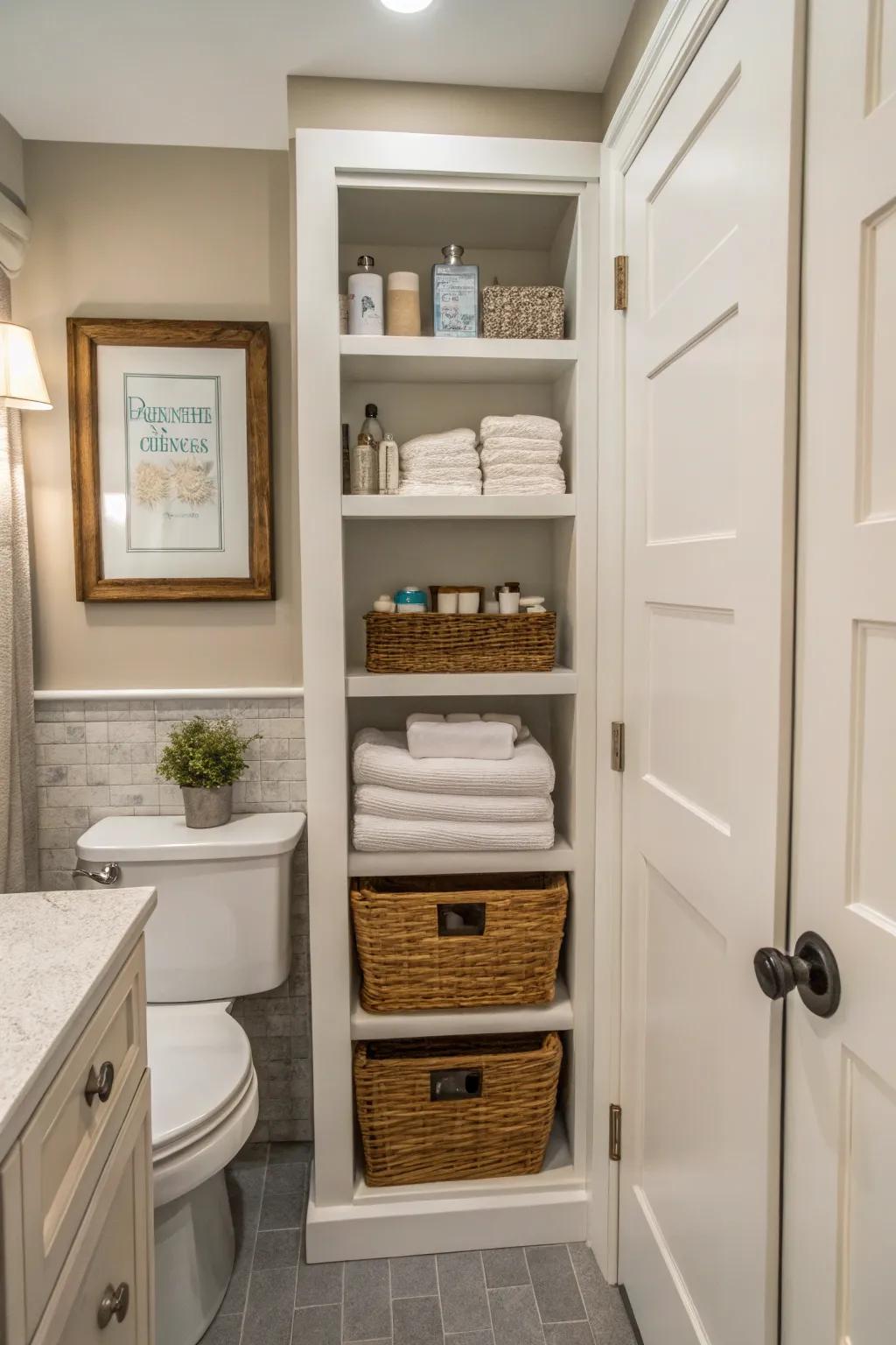 Concealed storage keeps the bathroom organized and clutter-free.