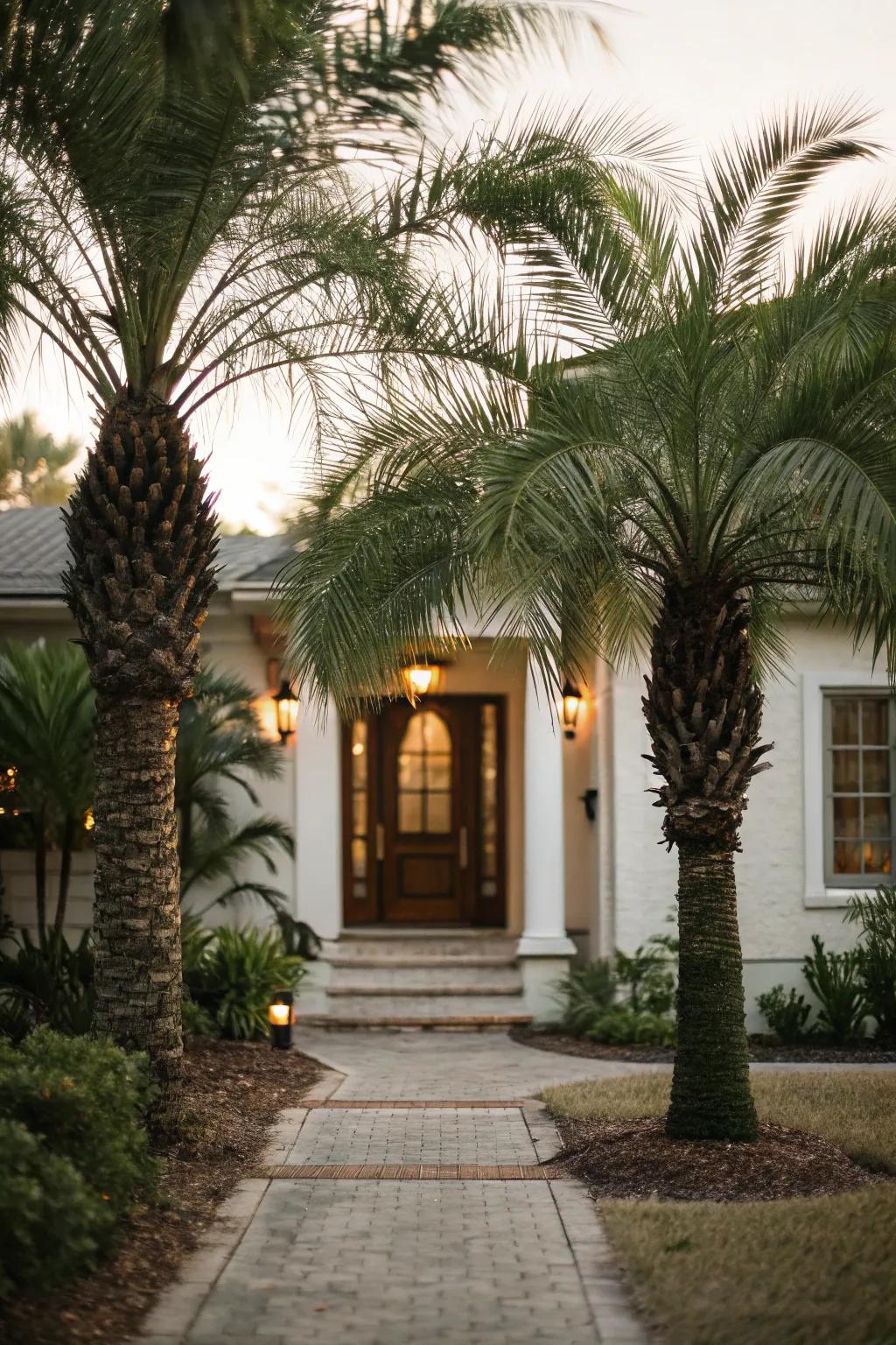Frame your home’s entrance with palms for an inviting aesthetic.