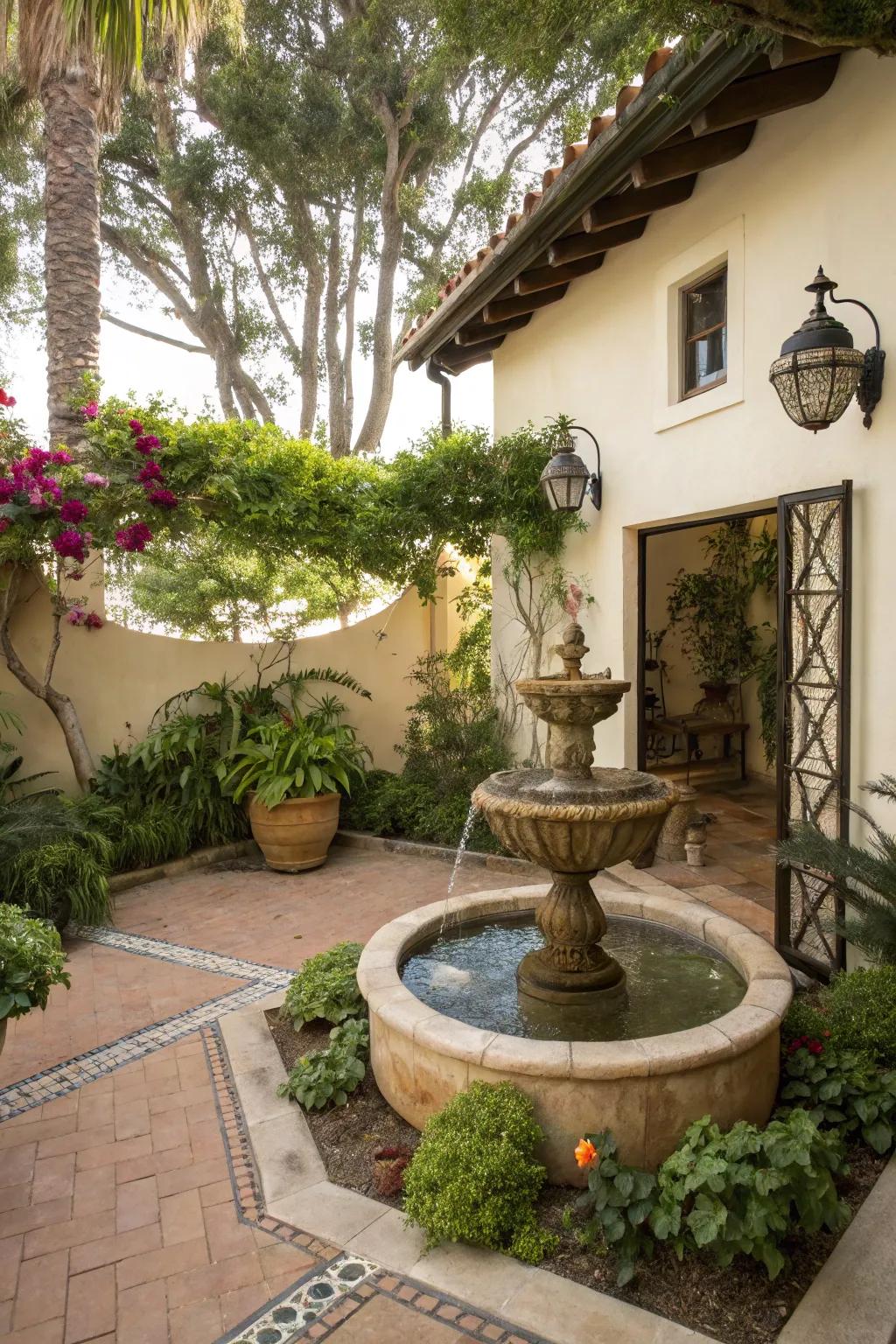 A small patio using a calming water feature for added peace.