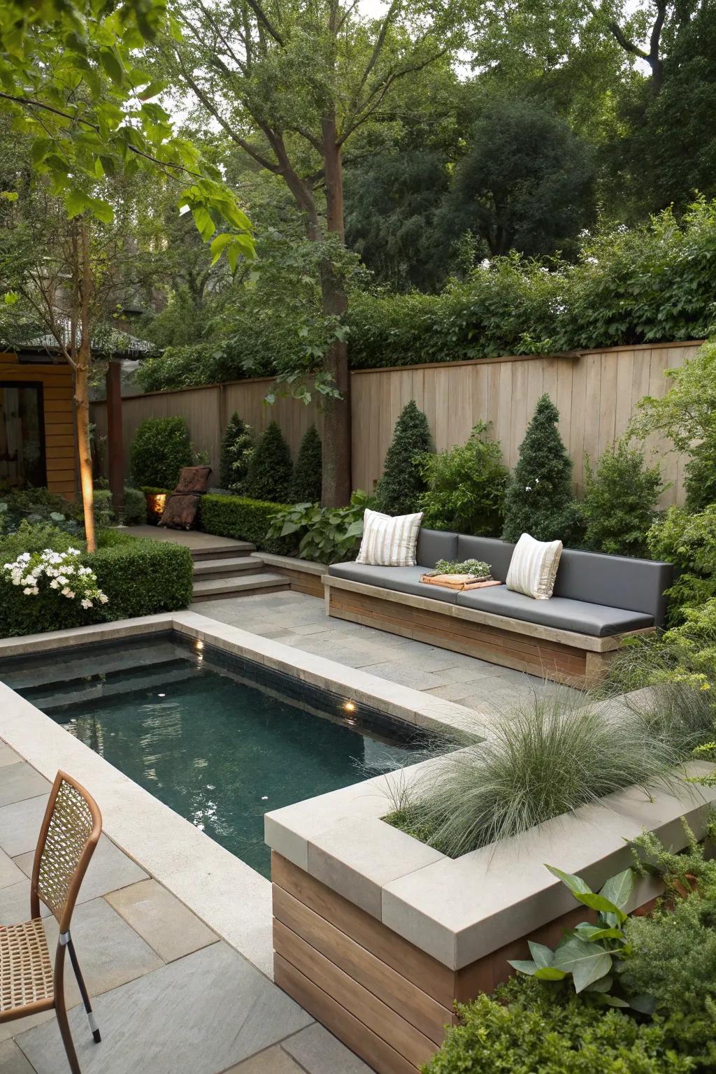 Integrated seats provide stylish seating and enhance the pool's design.