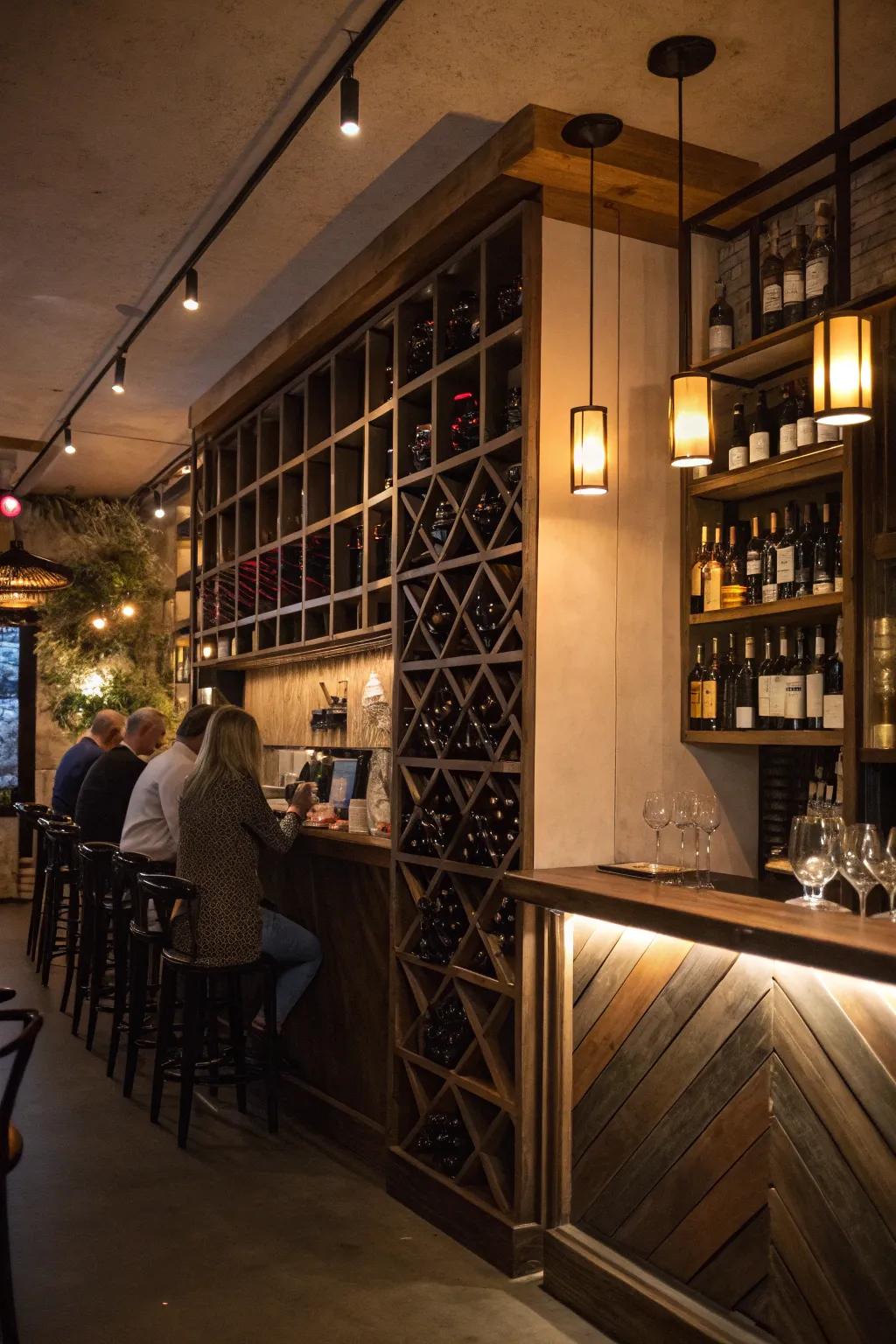 An integrated bottle gallery adding depth and practicality to a compact restaurant bar.