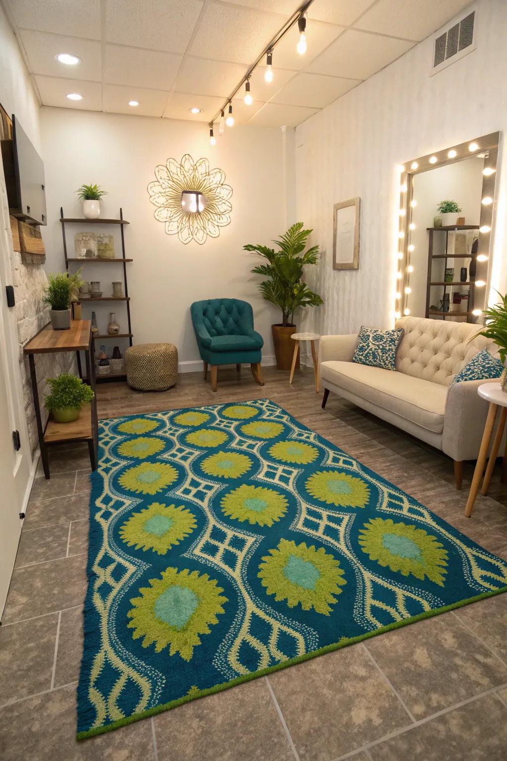 Remarkable rugs adding warmth and style to the salon.