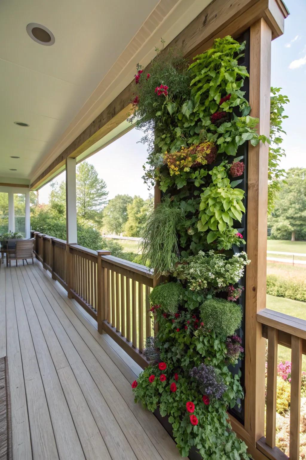 A side porch displaying a vibrant sky high garden of assorted plants.