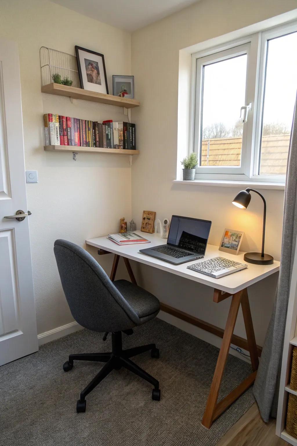 Small desks offer a practical workspace in limited areas.