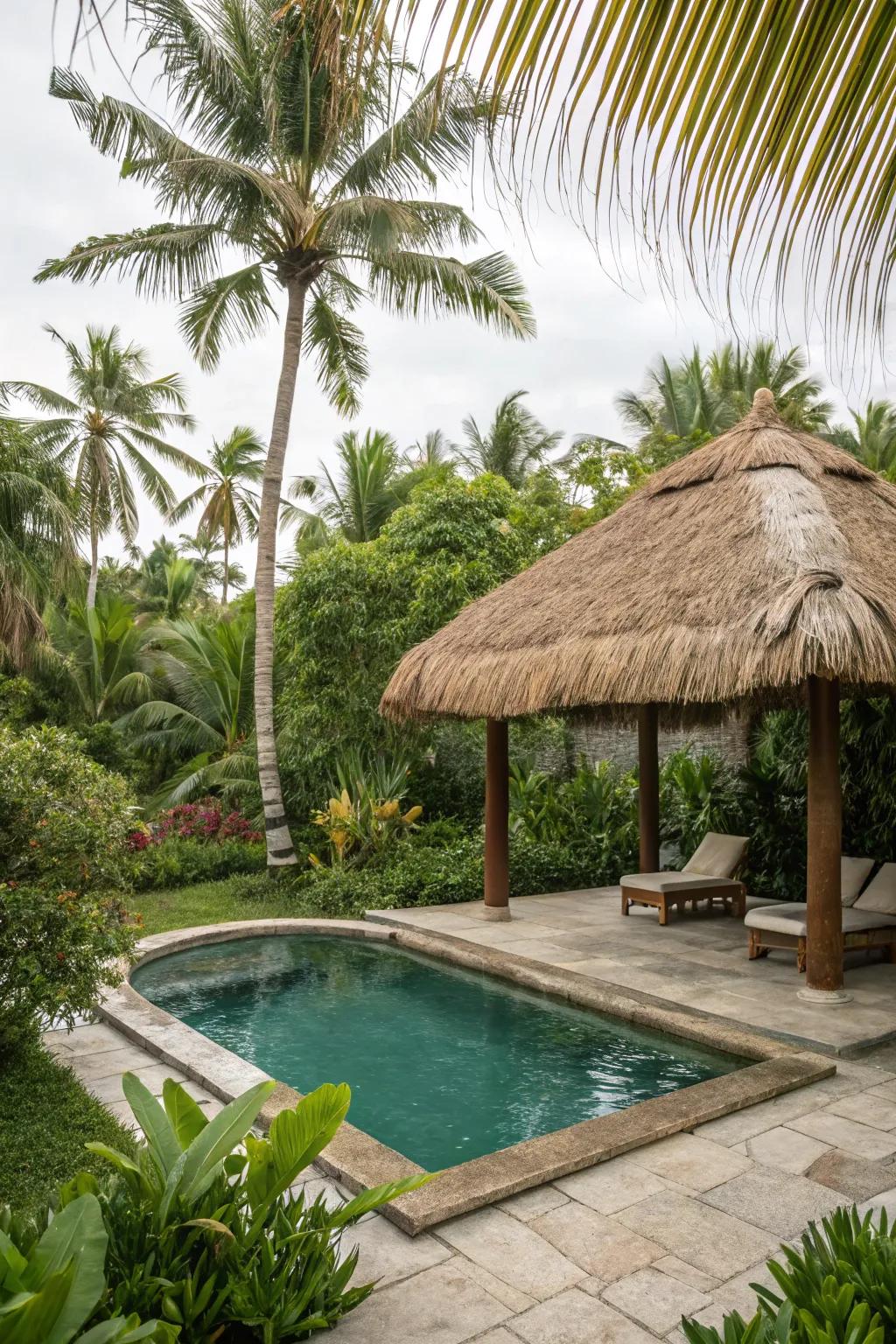 Thatched sun shelters provide tropical style and crucial shade.