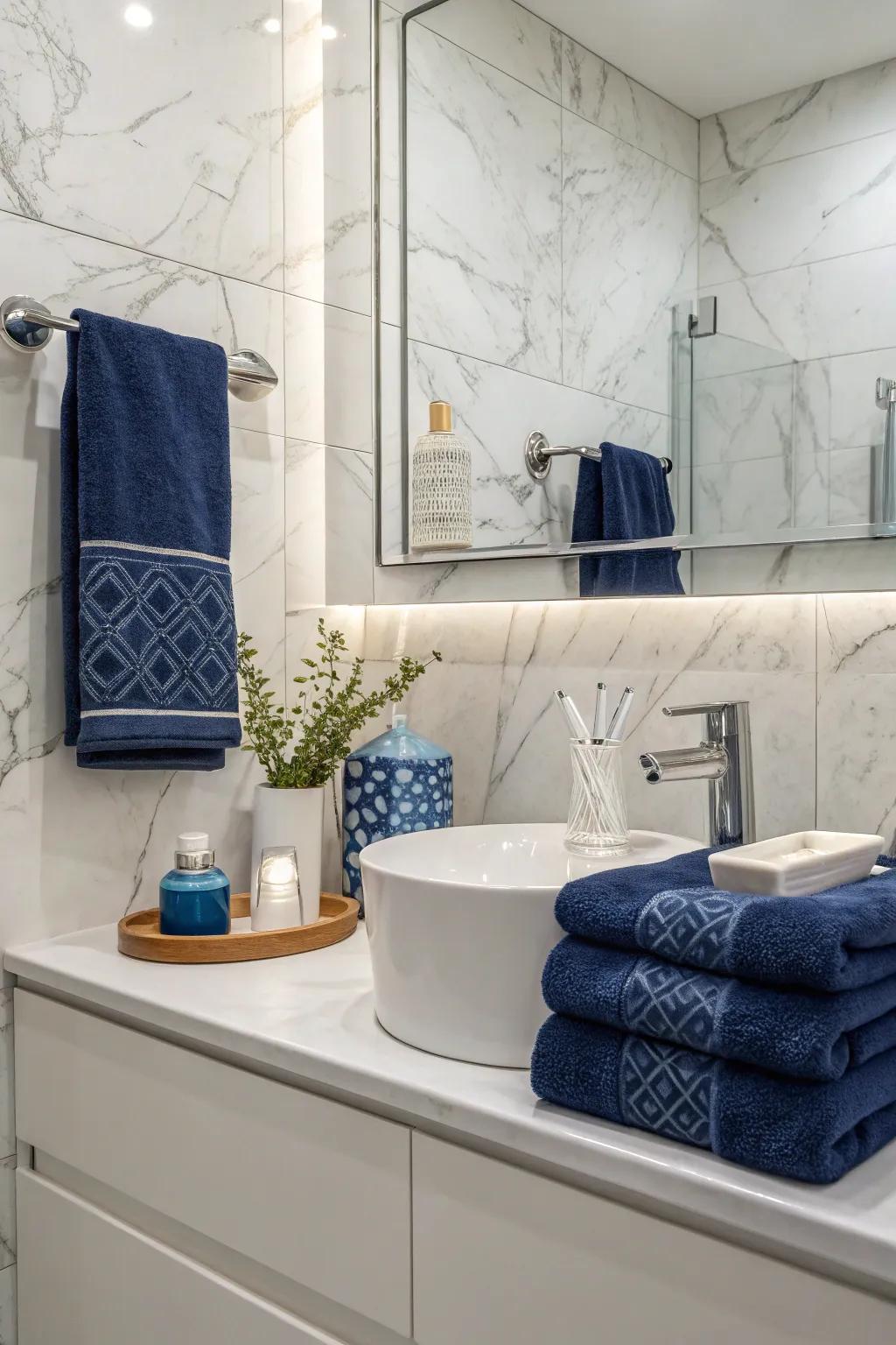 Complementary shades provide a vibrant contrast to white marble.