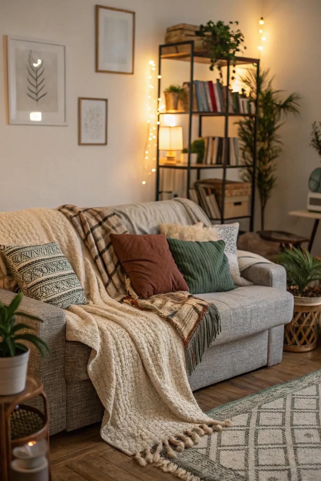 Layered fabrics amplify depth in a petite living area's couch.