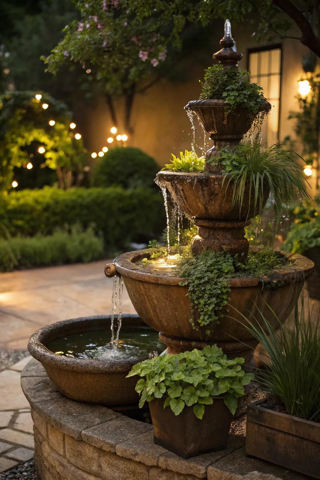 Multi-layered containers creating a dynamic sun-powered fountain effect.
