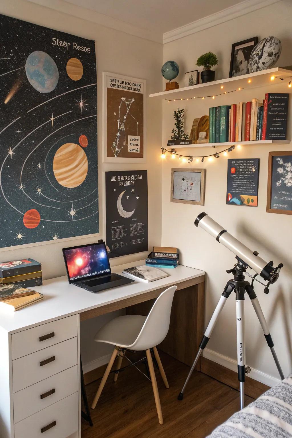 A space-themed study area encourages learning and ingenuity.