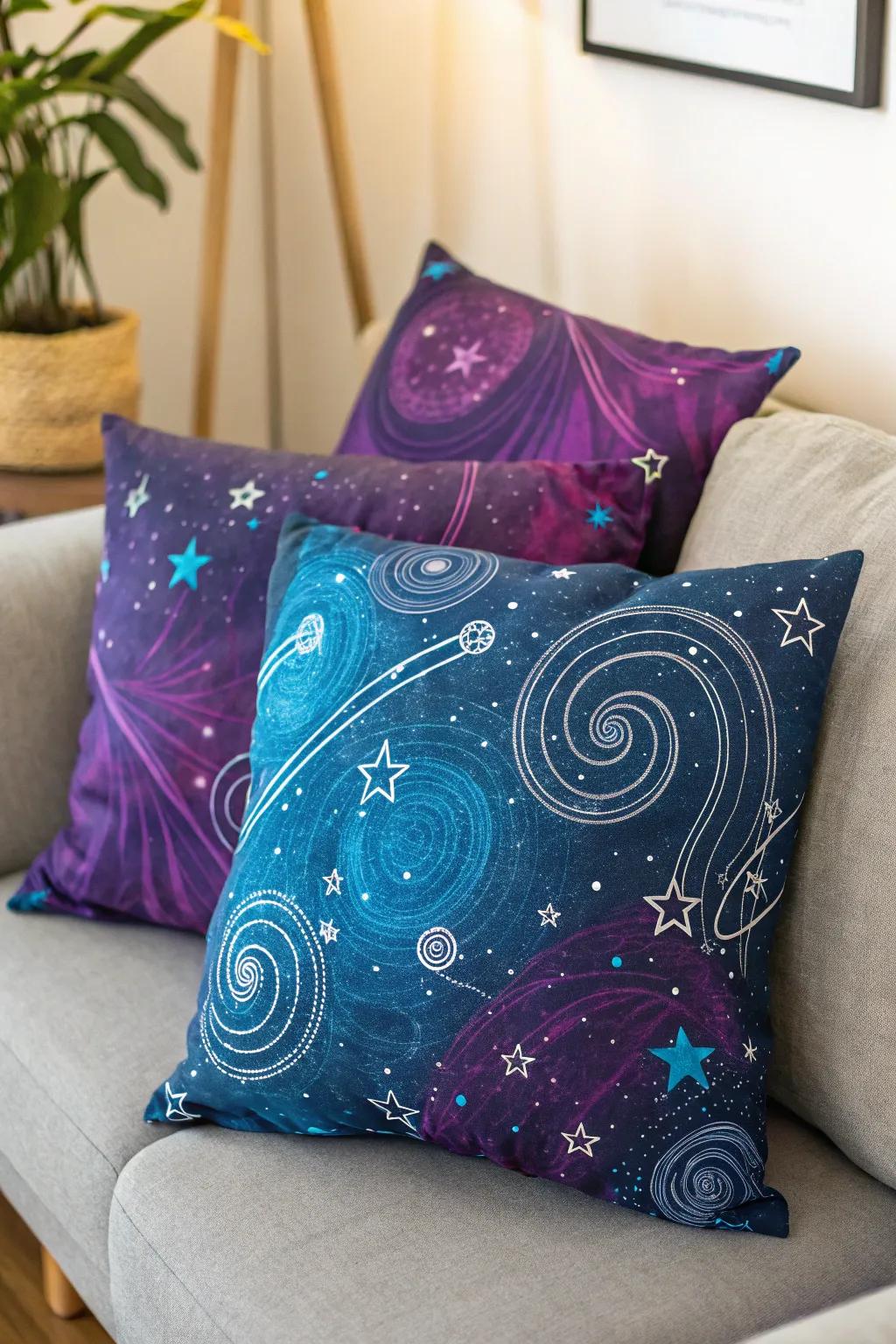 Throw pillows showing galaxies which add beauty and a touch of space to your seating.