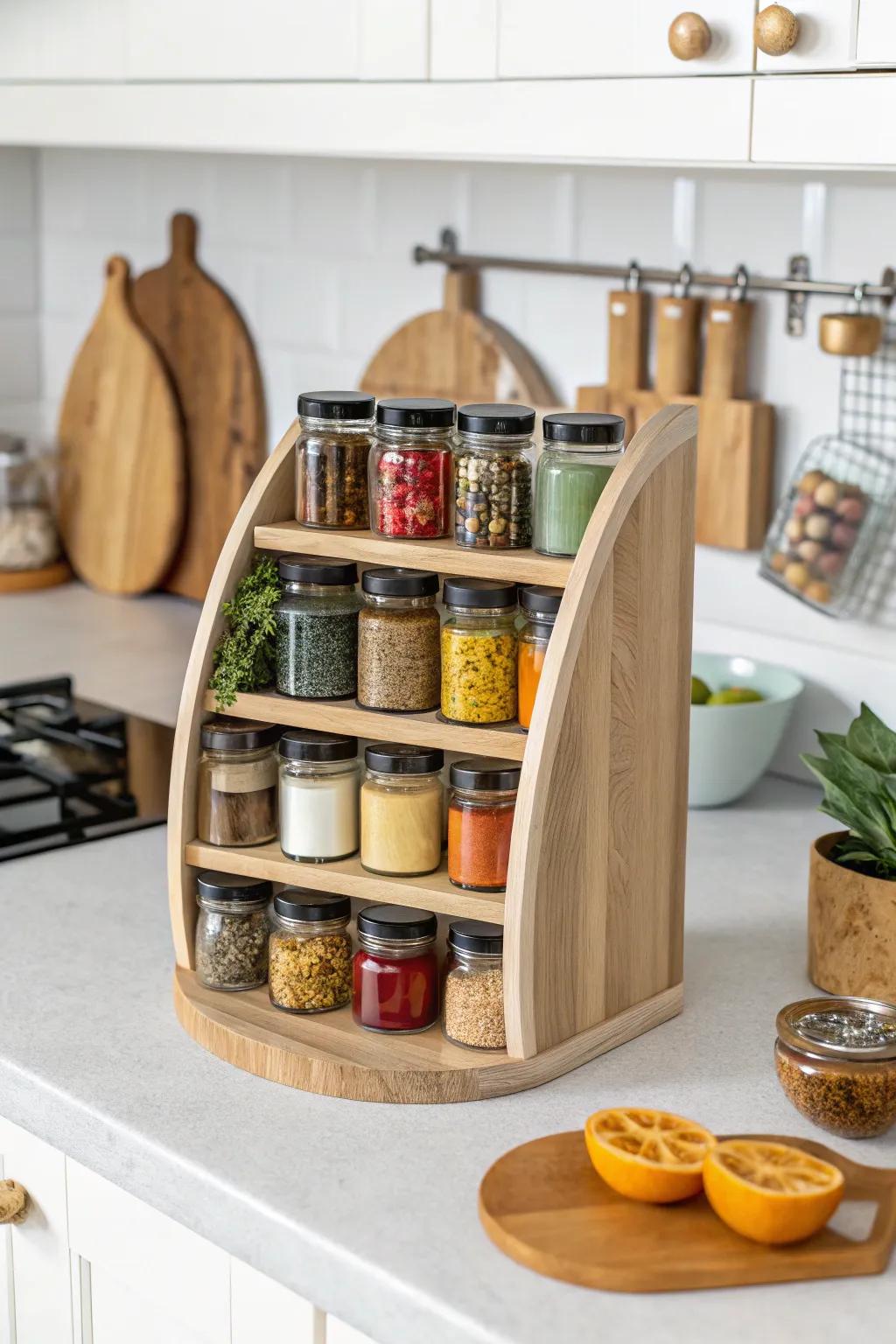 Half-moon rack adding charm to the kitchen.