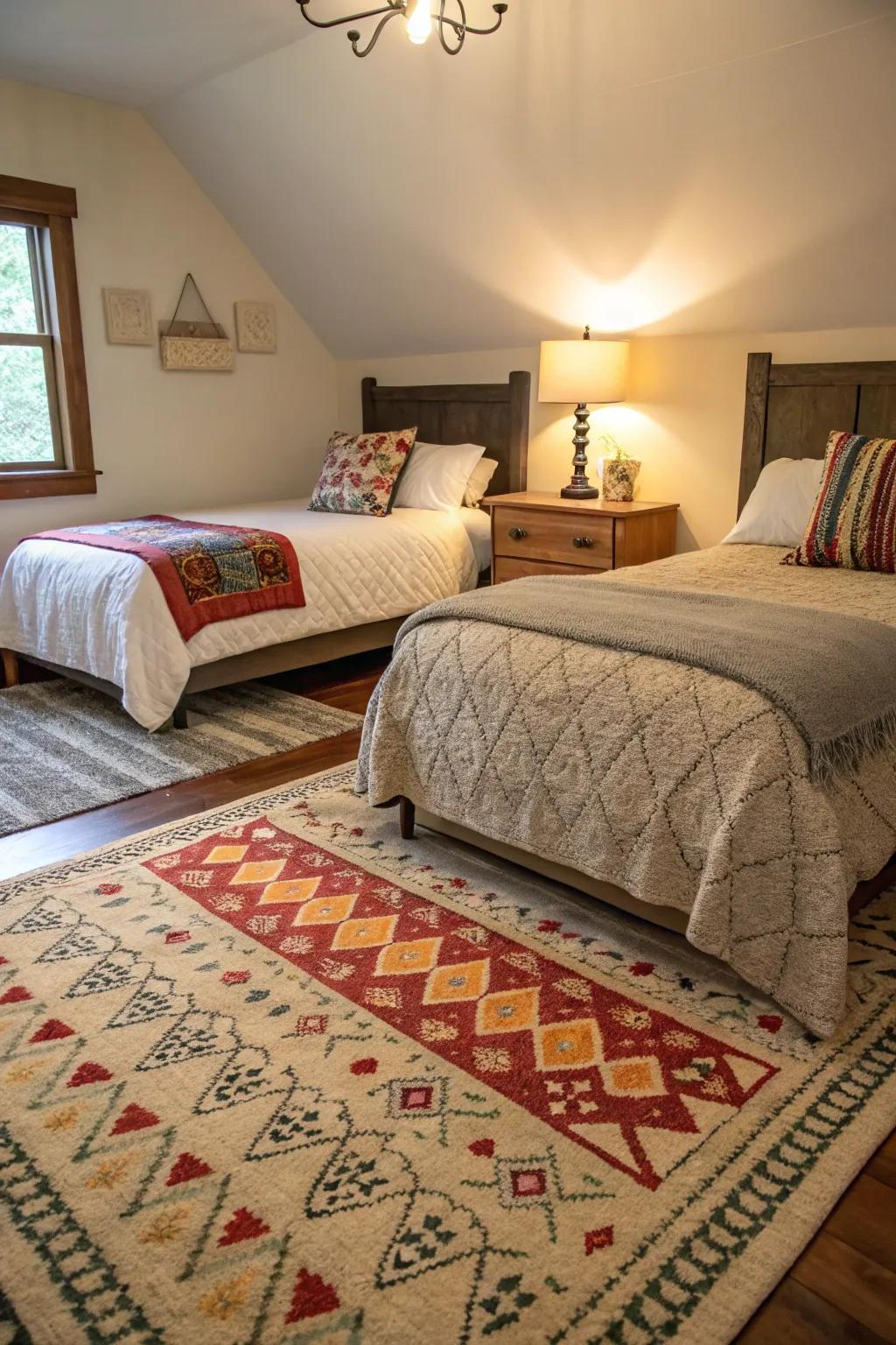 Floor coverings defining spaces in a split bedroom.