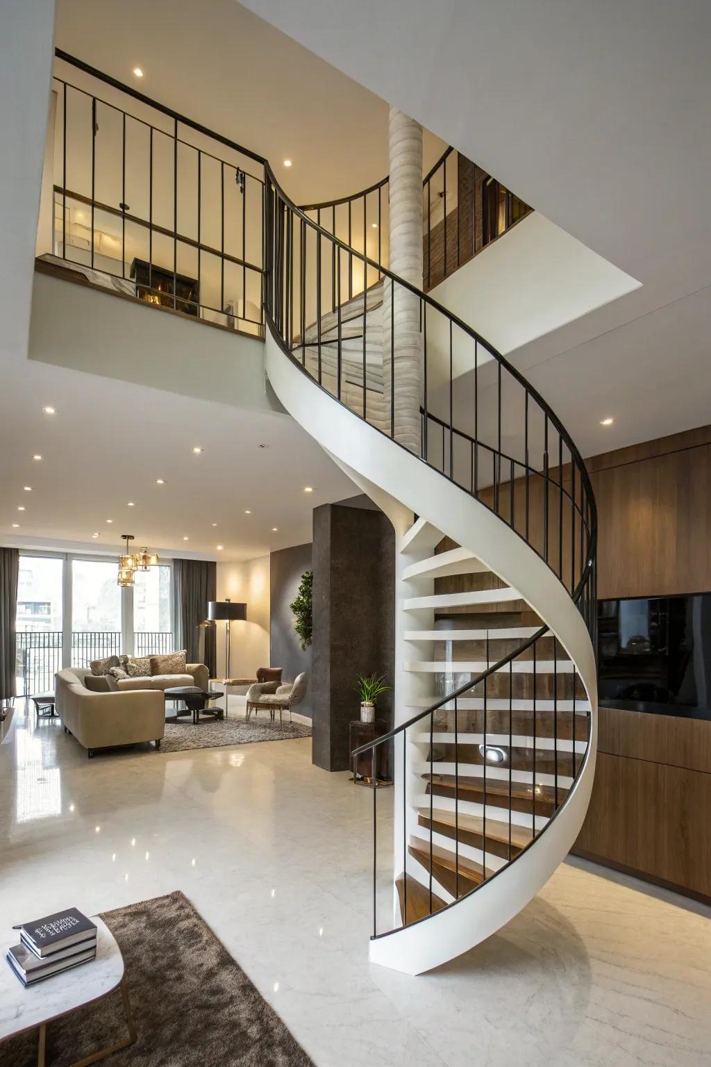 Spiral stairways conserve space and render a stylish assertion.