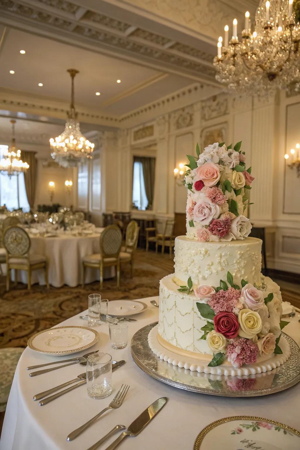 A cake decorated with intricate bloom art.
