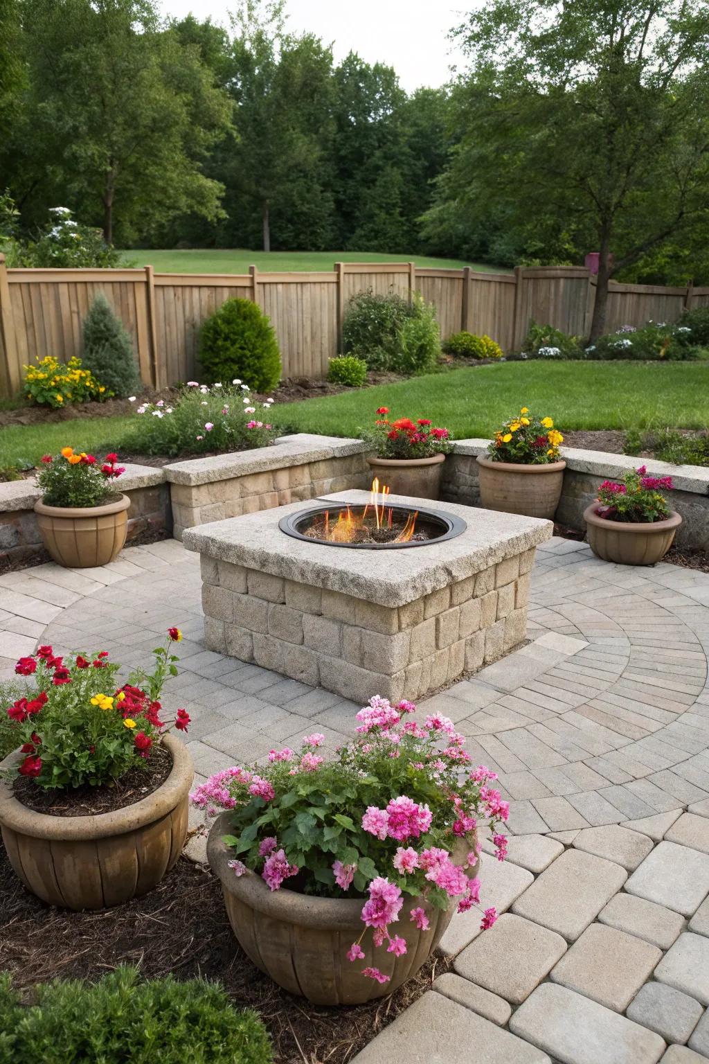 Flower boxes create a verdant environment around fire pits.