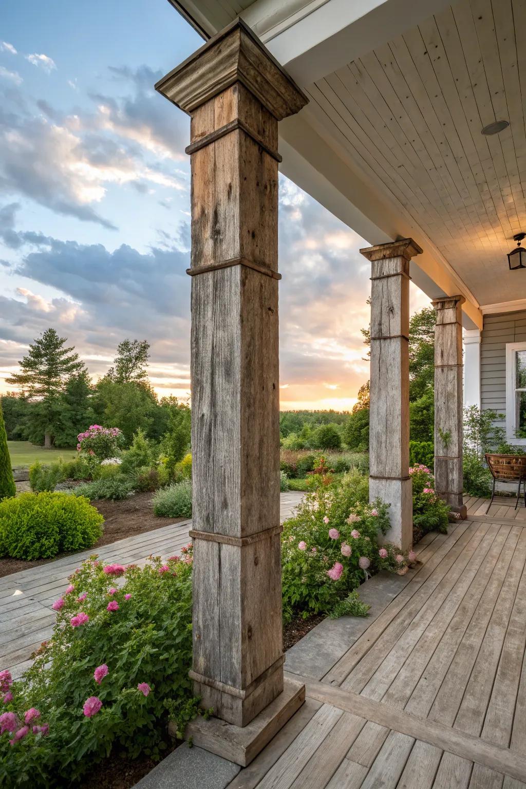 Repurposed wood square columns bring rustic charm and character.
