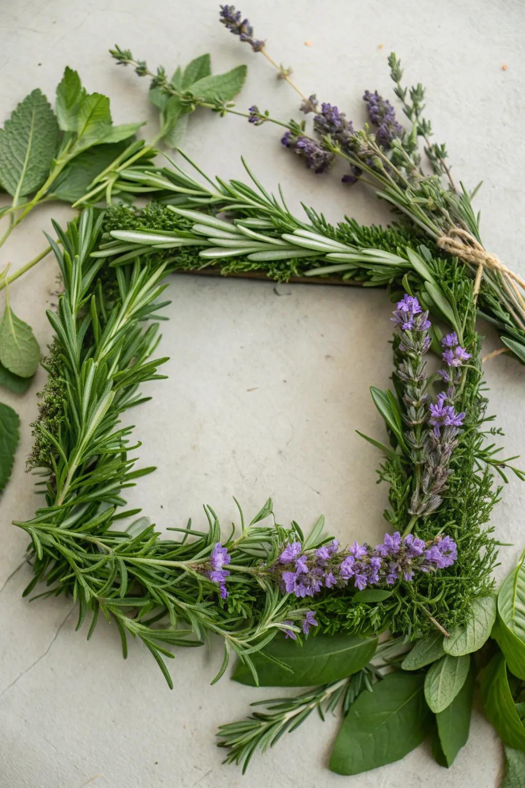 A herbal square wreath provides beauty and a delightful scent.