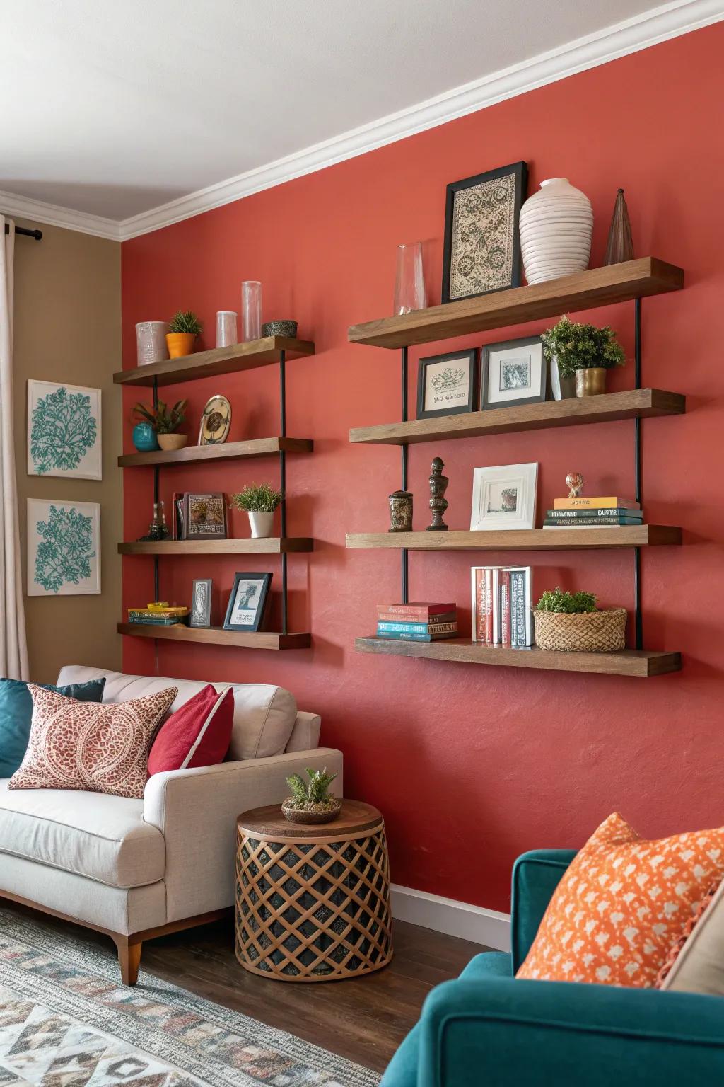 Striking focal highlight featuring chromatic intensity behind shelves.