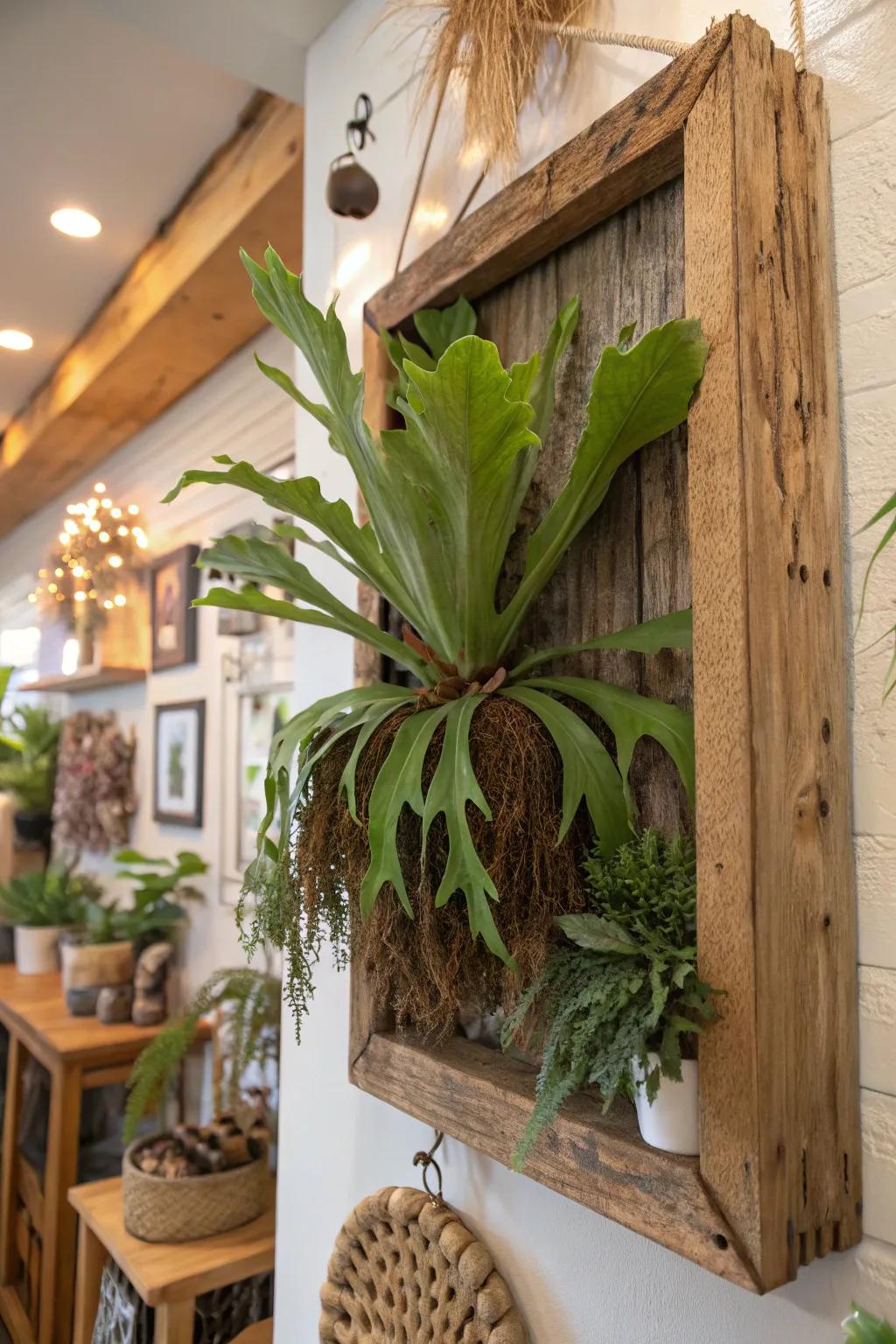 A salvaged timber contour furnishes an eco-friendly avenue for showcasing a staghorn fern.