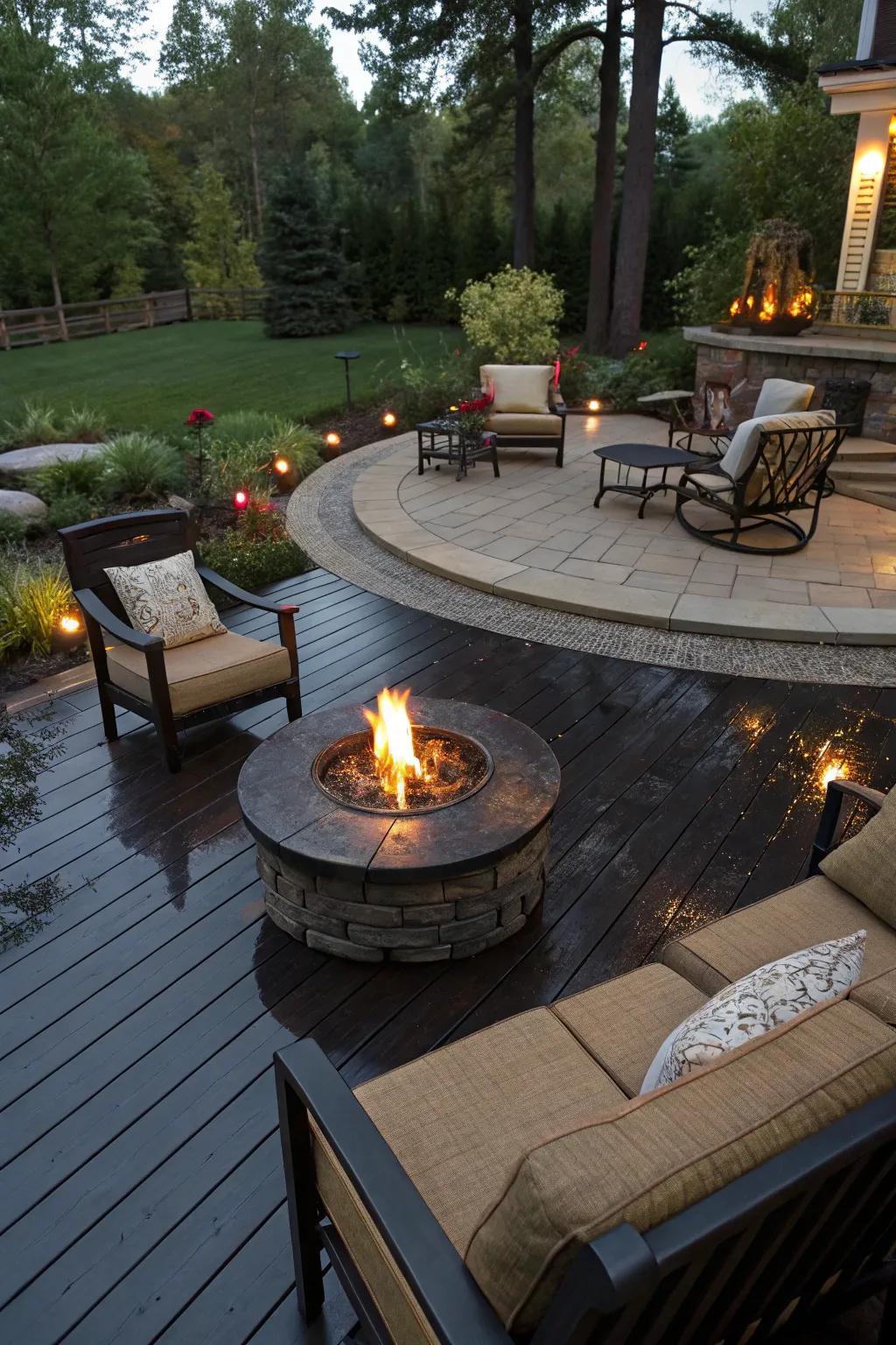 A patio with a striking dark-tinted fire pit area.