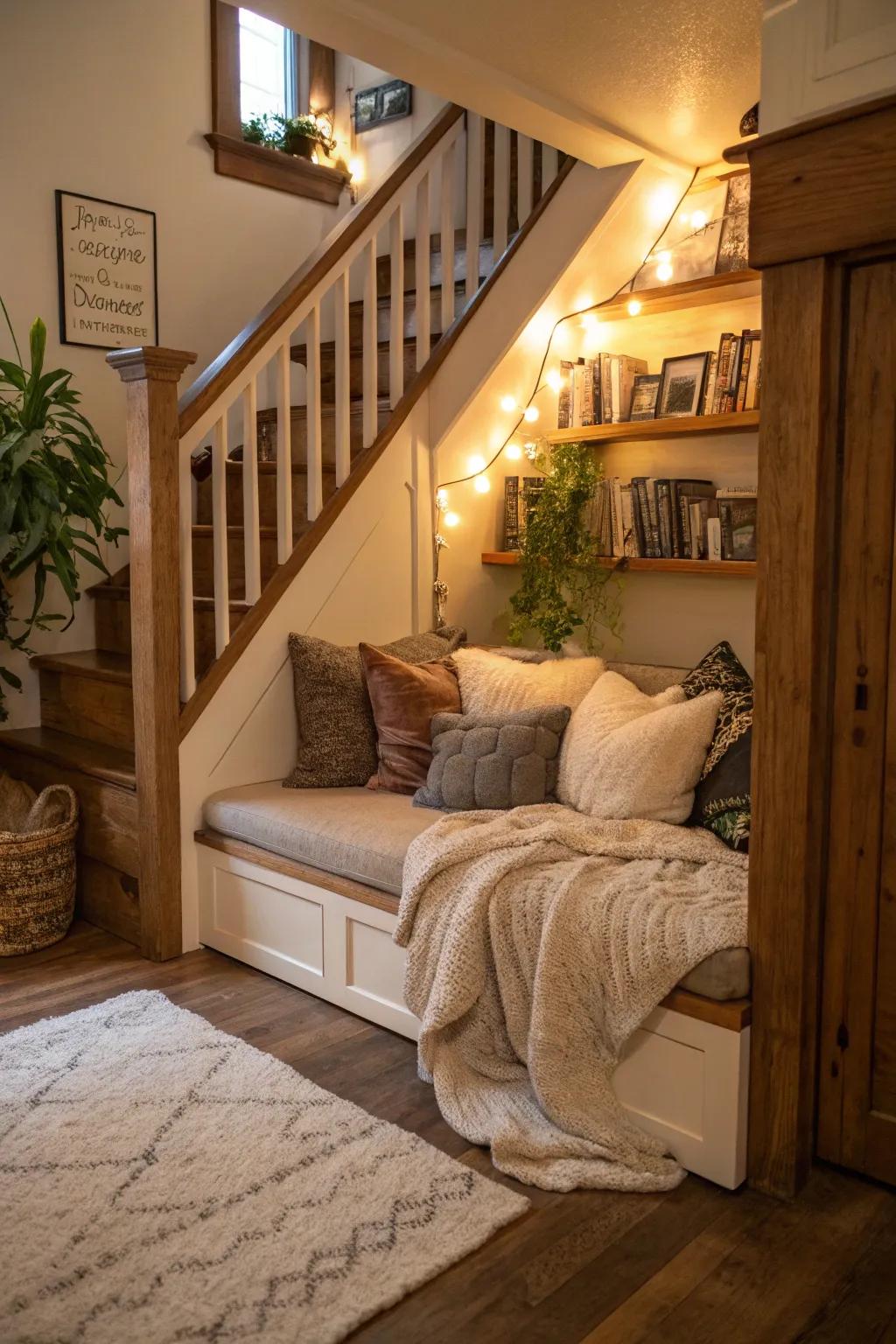 Find peace with a secret reading nook under your stairs.
