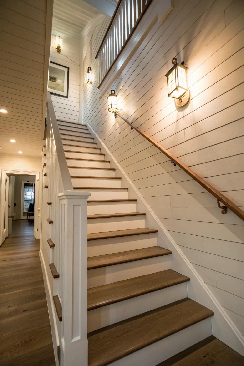 Farmhouse charm meets modern elegance through shiplap walls.