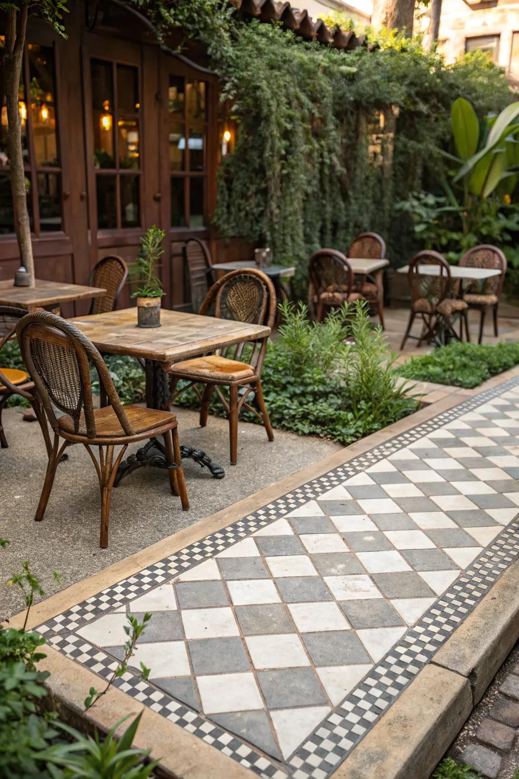 Outdoor dining space featuring vintage checkerboard stamped concrete border
