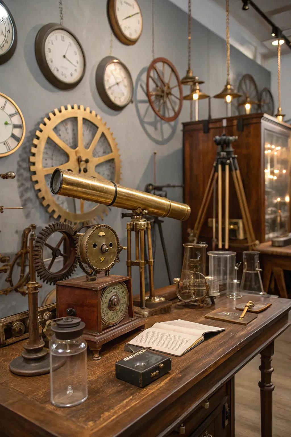 Timeless scientific instruments evoke a spirit of discovery in this steampunk space.