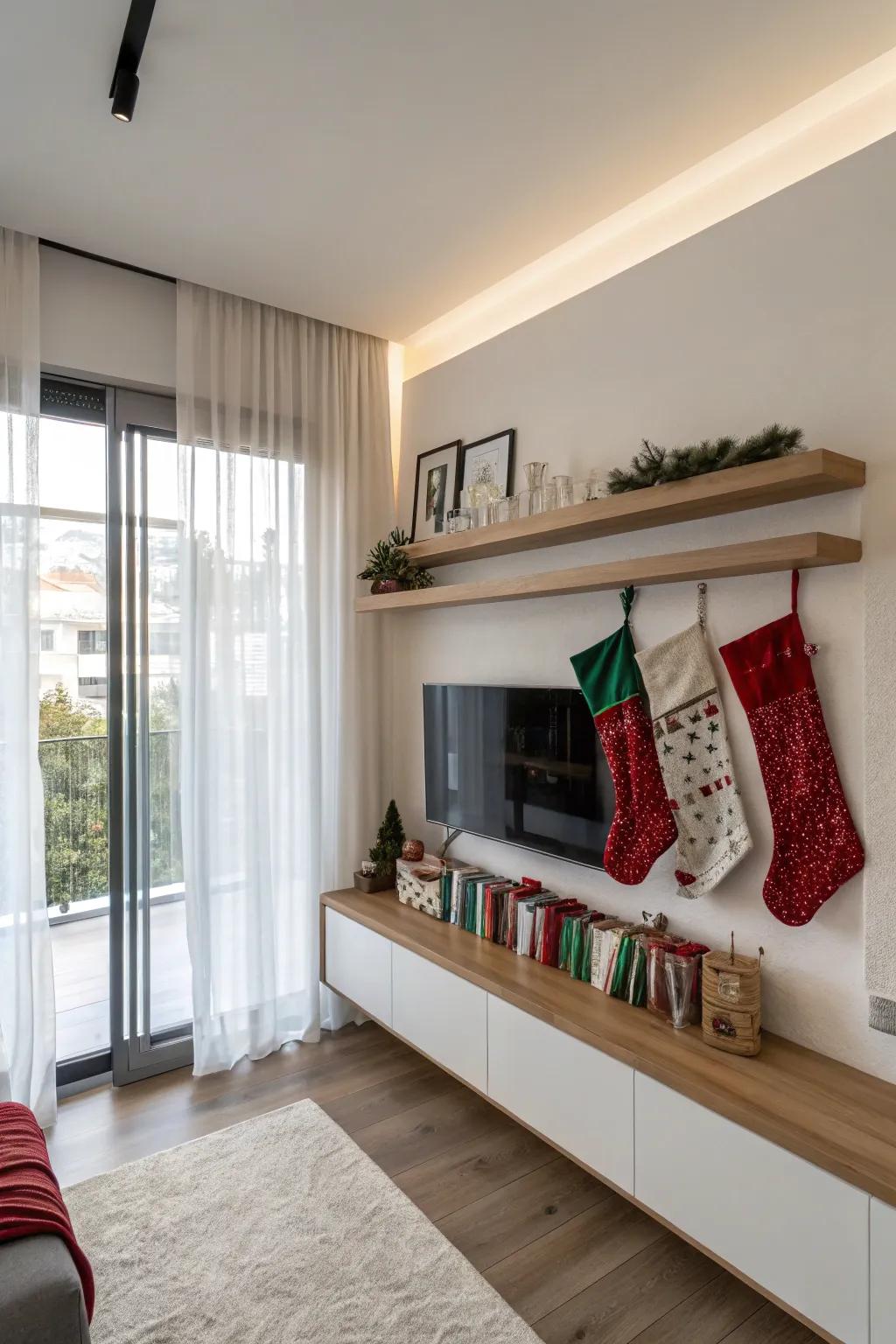 Floating ledges present a streamlined, modern stocking presentation.