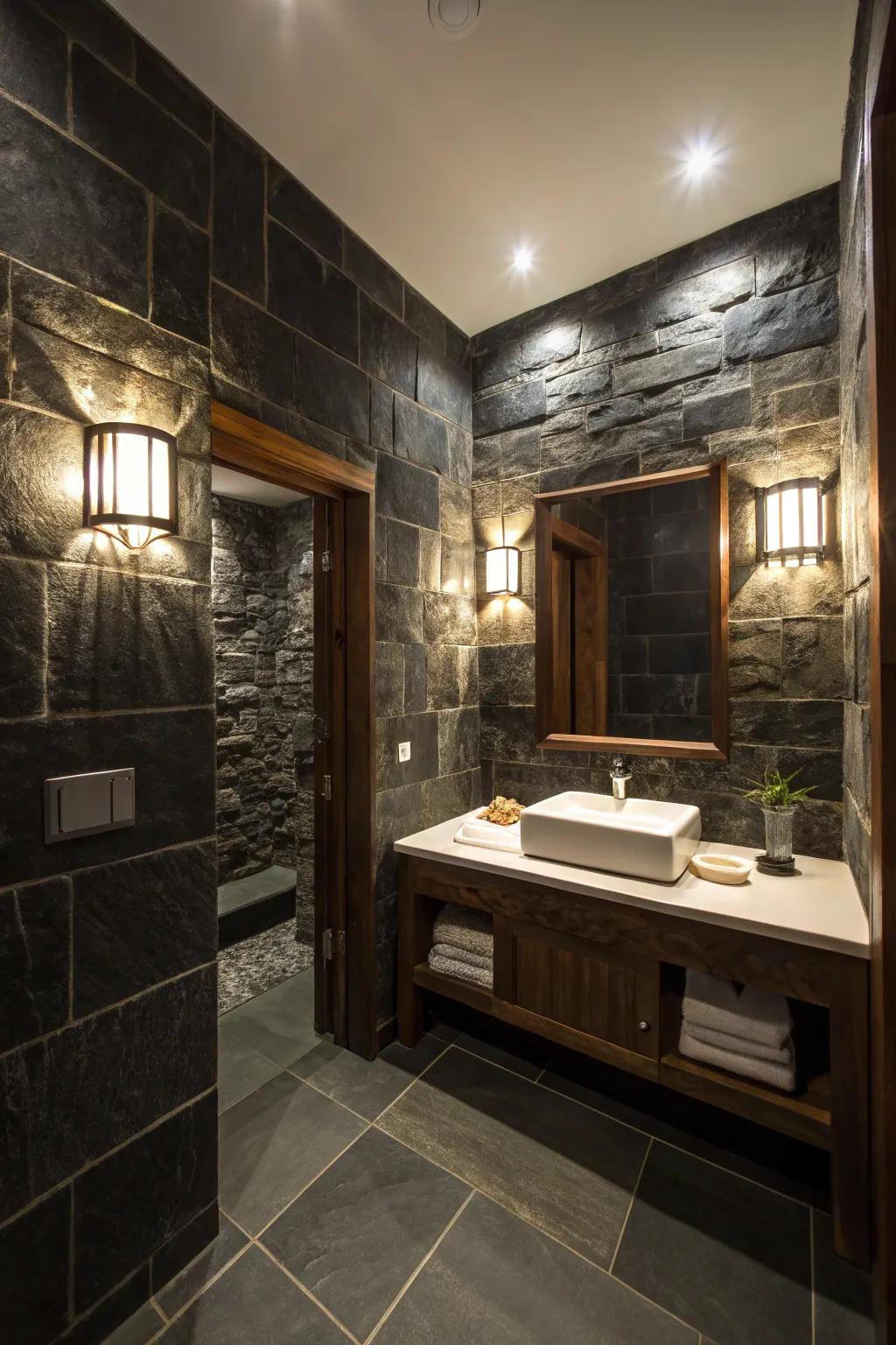 A bathroom presenting dark rock walls contrasted by light fixtures for a dramatic effect.