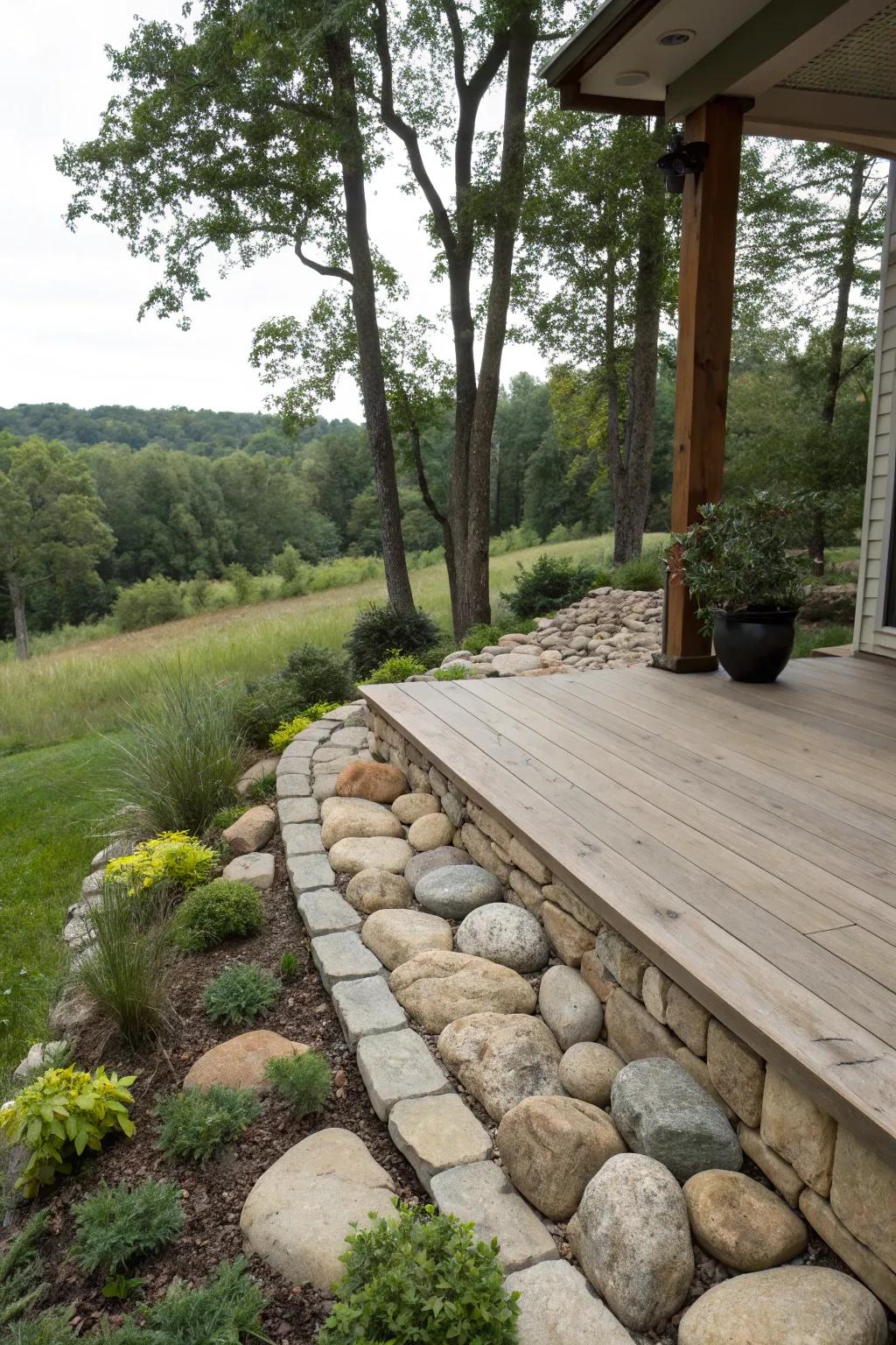 A tranquil deck with cladding that seamlessly merges into the natural surroundings.