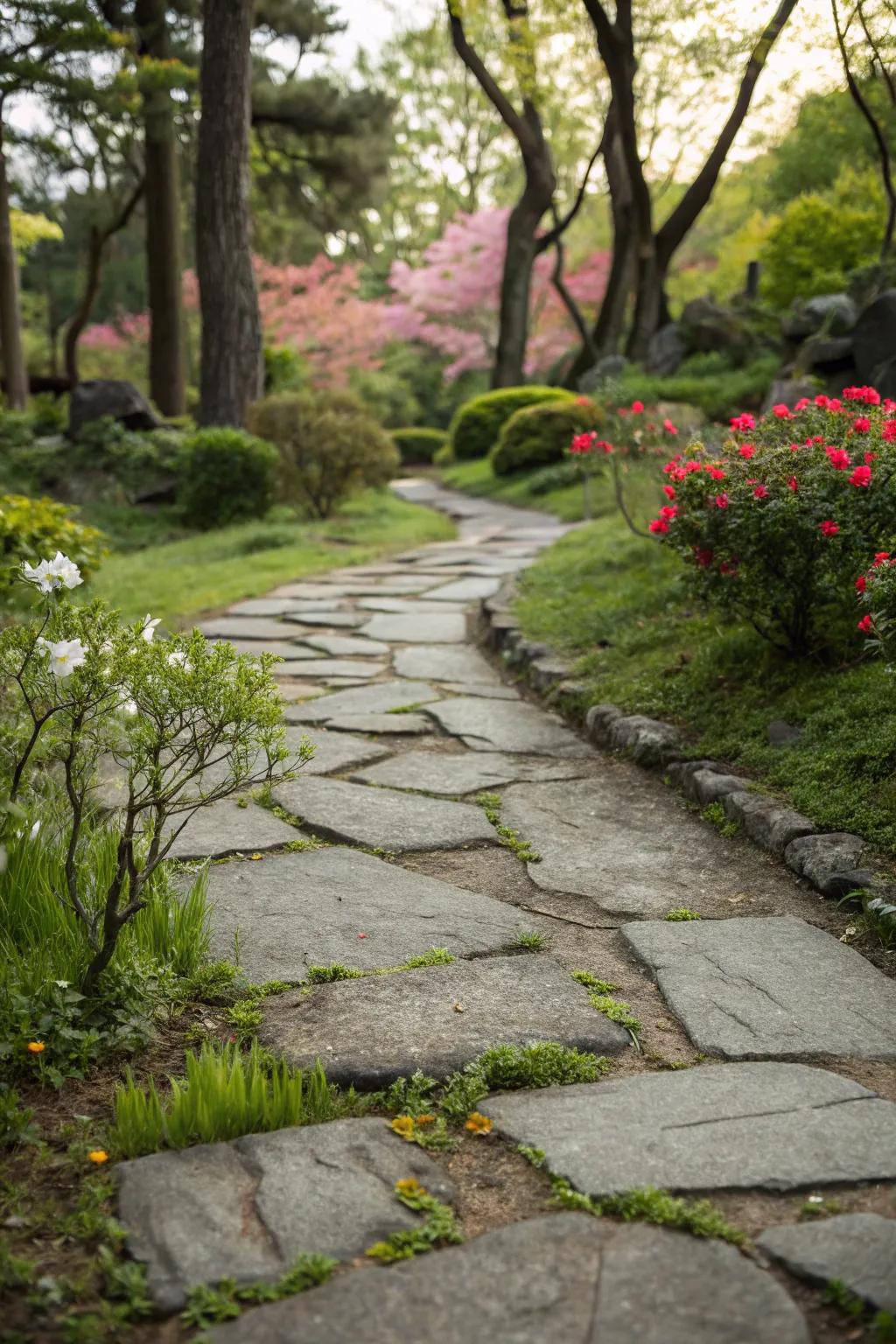 Integrated plant life adds a touch of nature to your stone path.