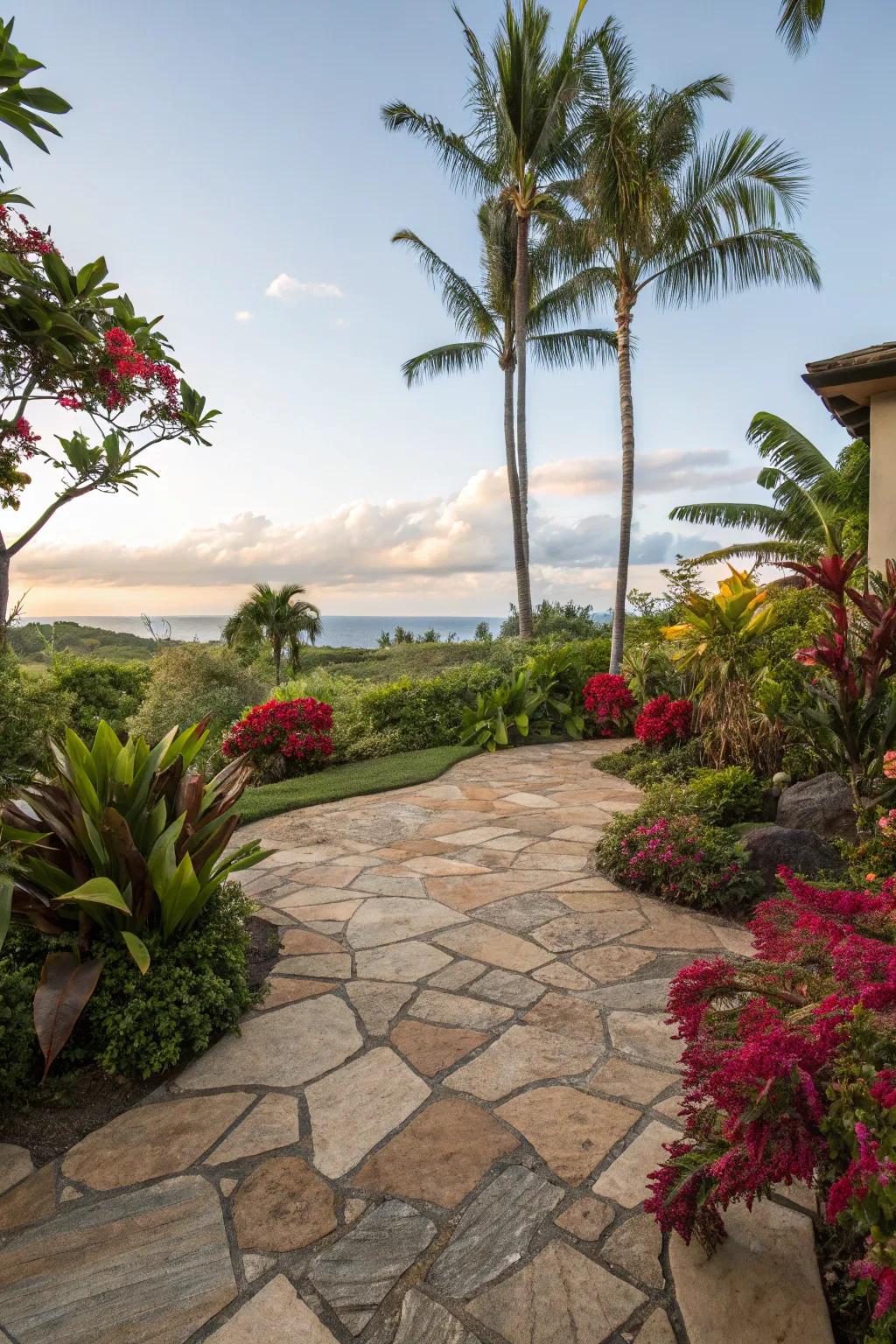 A stone patio with a tropical haven atmosphere.