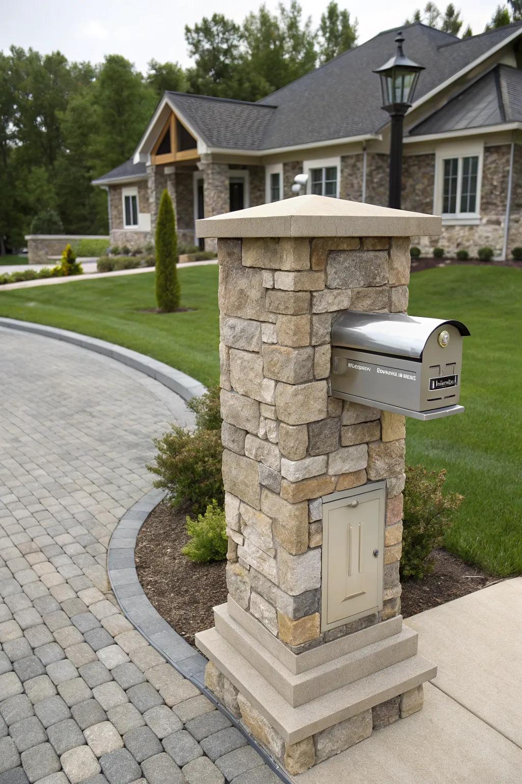 A contemporary stone mailbox pillar featuring stainless steel details.