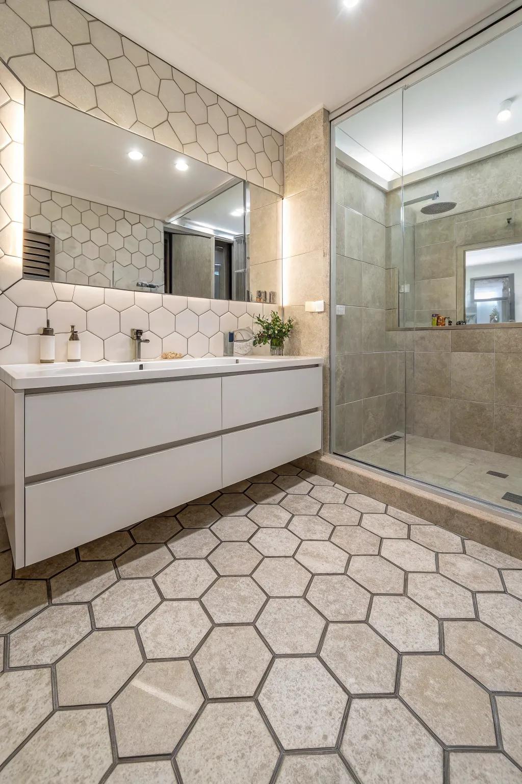 Hexagonal tiles impart a contemporary geometric flourish to rock showers.