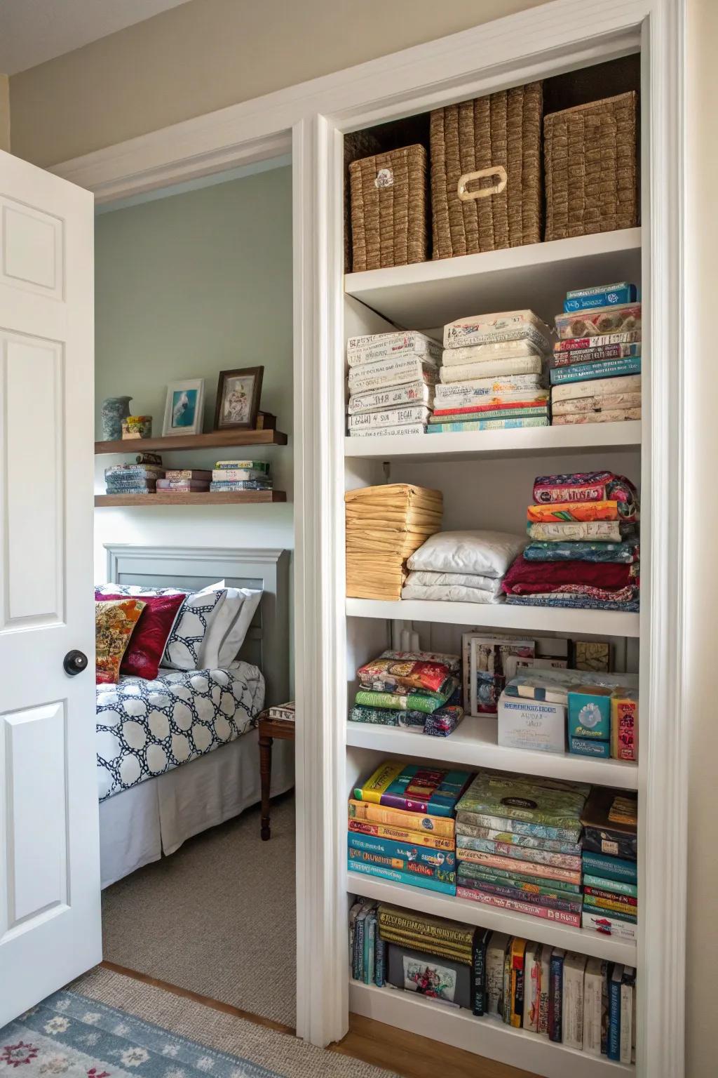 High shelving positioned above a bedroom door.