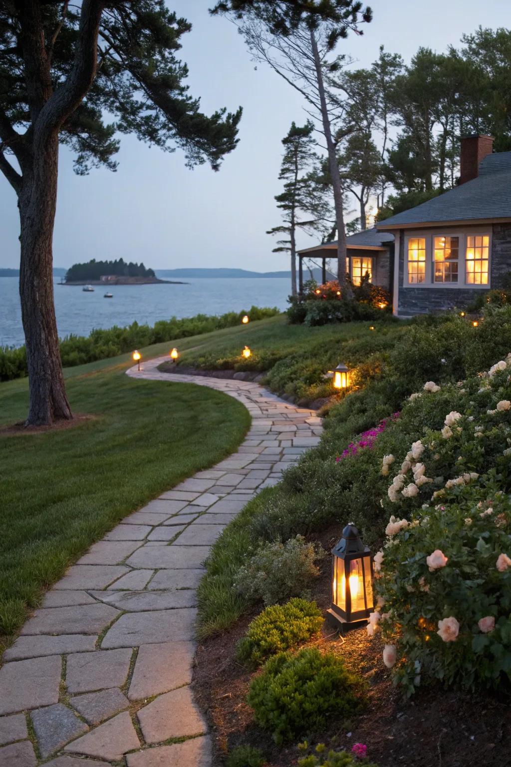 Lamp-lit paths create a magical ambiance.