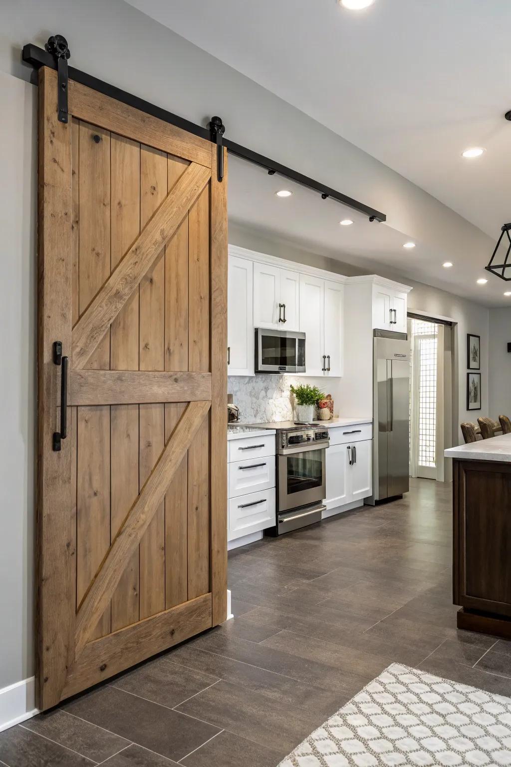 Sliding entrances introduce a contemporary and practical touch to a kitchen.
