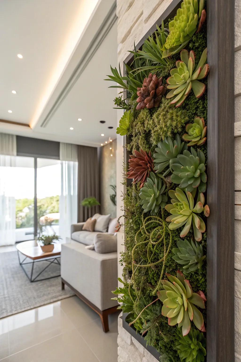 A vertical vessel fashioning a vibrant succulent wall display.