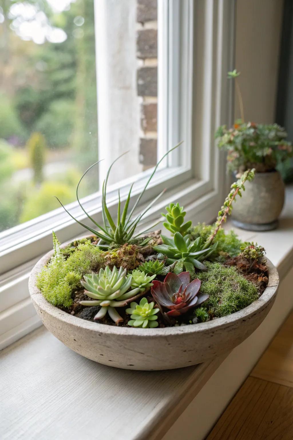 A whimsical succulent garden intermingled with epiphytic flora.