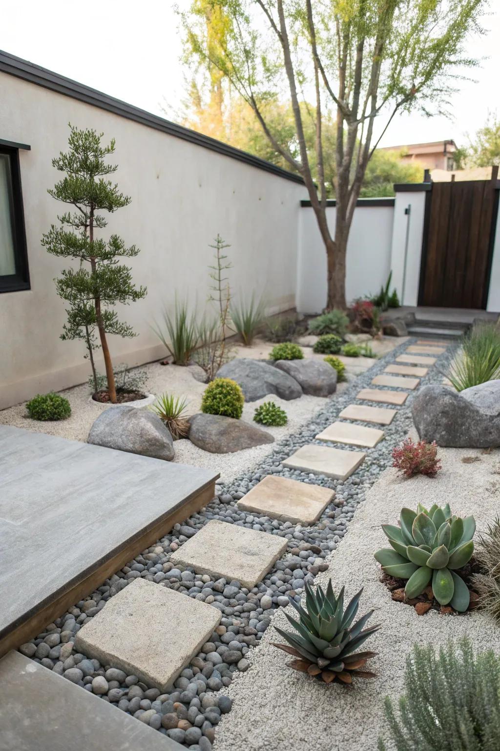 A serene Zen garden exhibiting succulents alongside carefully chosen stone components.