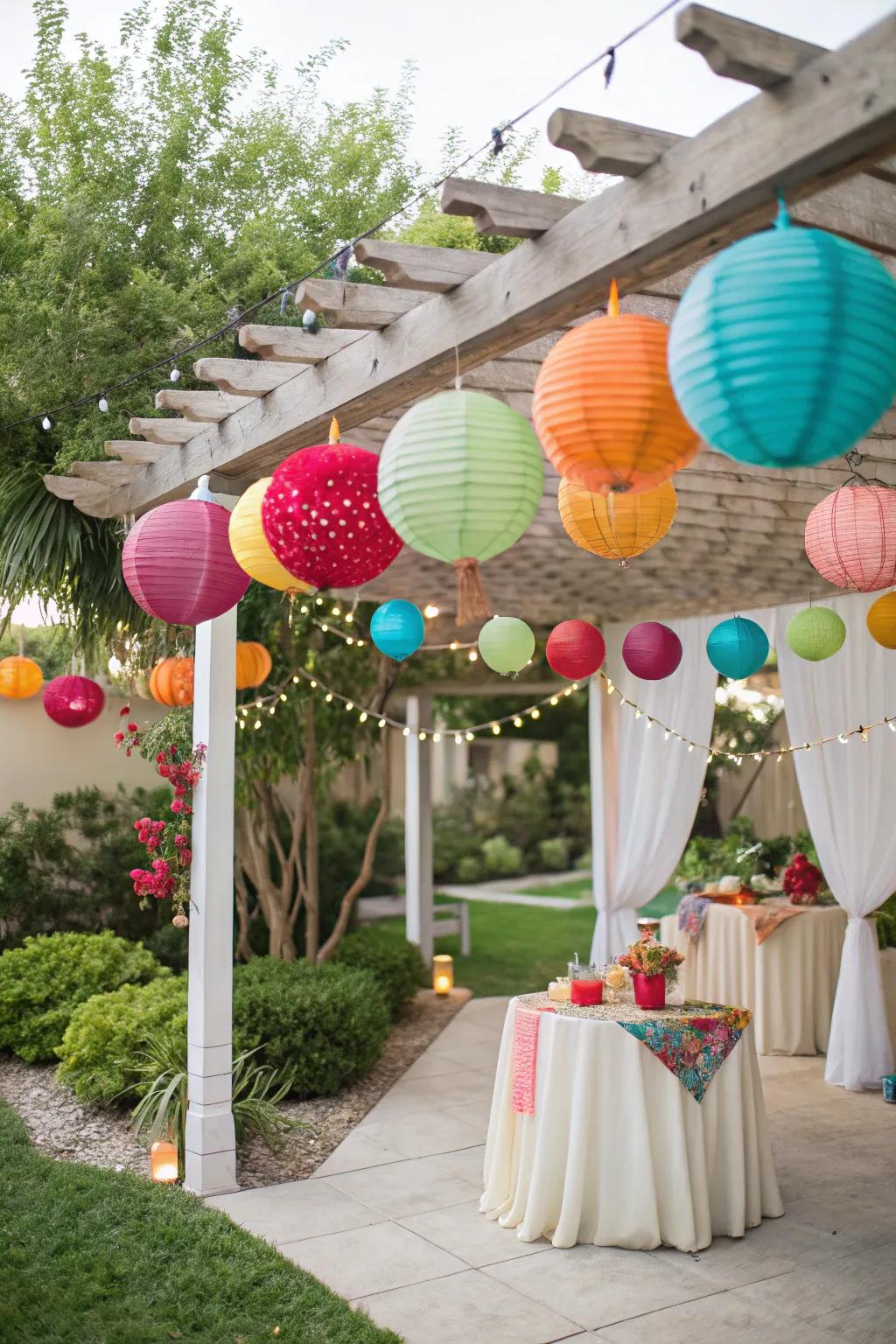 A festive sukkah with whimsical paper lanterns adding a burst of color.