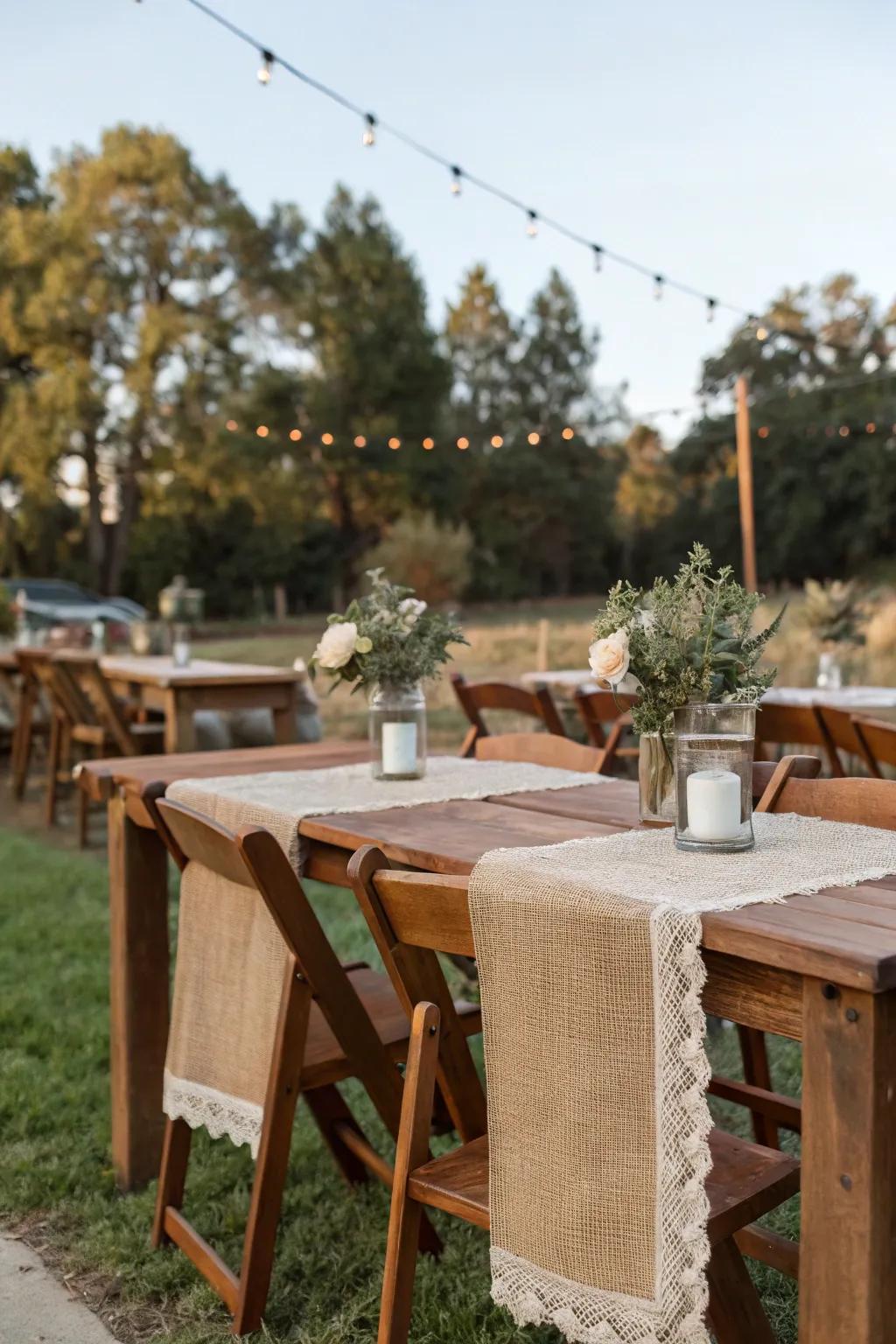 A homespun table arrangement featuring timber tables and textile runners.