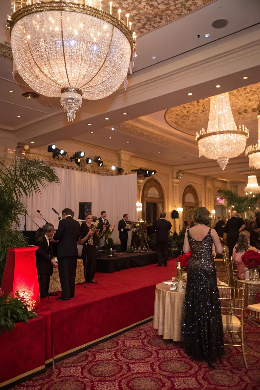 A glamorous Gatsby-themed gala with opulent 1920s decor.