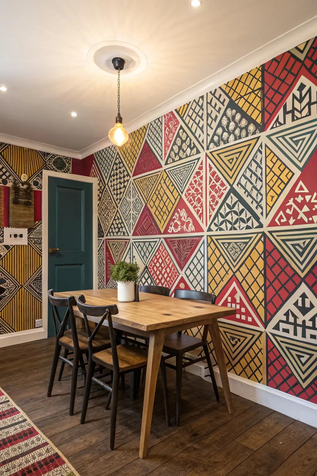 Sophisticated style using geometric wall covering.